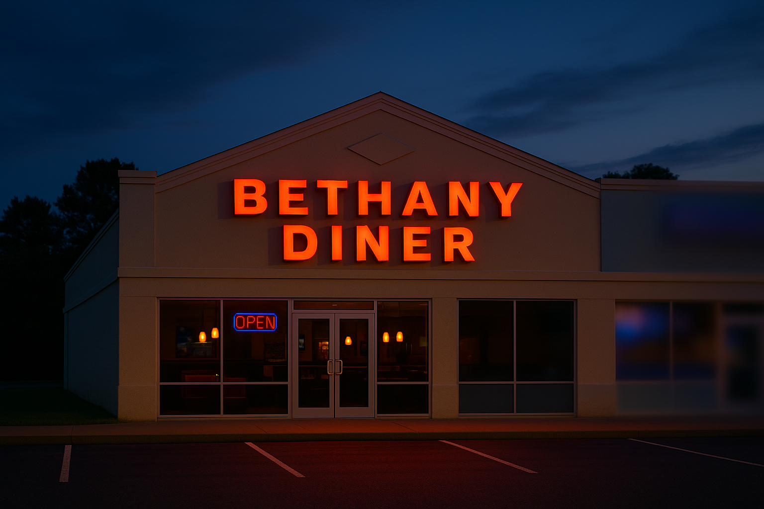 Bethany Diner storefront at dusk